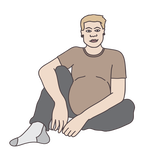 An illustration of a pregnant person in a brown t-shirt and grey sweatpants sitting on the floor.
